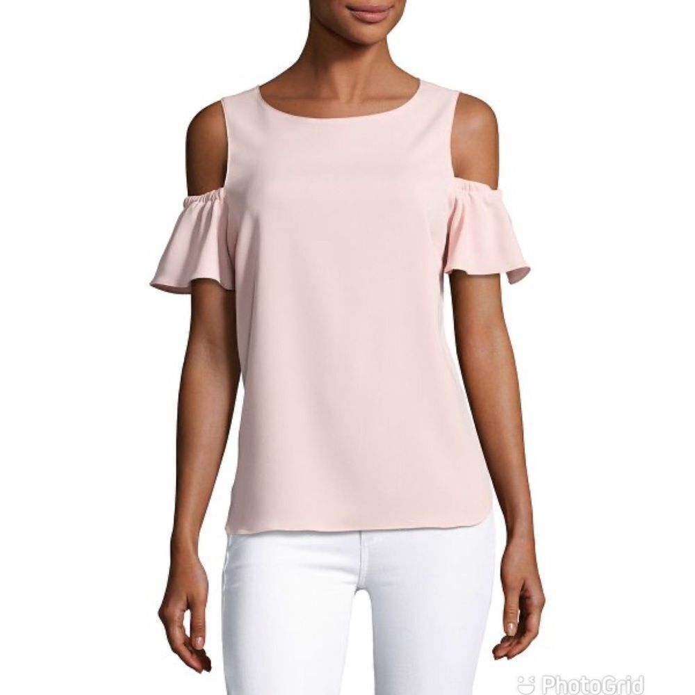AMANDA UPRICHARD Cold Shoulder Blouse Top Short Flutter Sleeve Light Pink XS